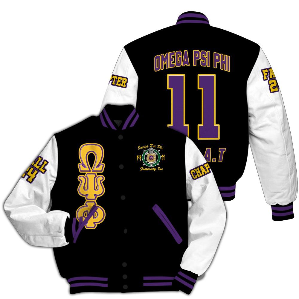 Ireishprint ΩΨΦ Custom Chapter Varsity Jacket, Personalized Retro Style White Sleeves Jacket ΩΨΦ Fraternity Jacket