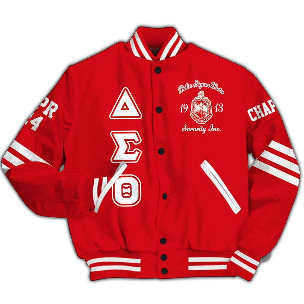 Ireishprint Delta Sigma Theta Custom Chapter Varsity Jacket, Delta Sigma Theta White Line Sleeve Crimson Red Jacket 1913 Sorority Jacket