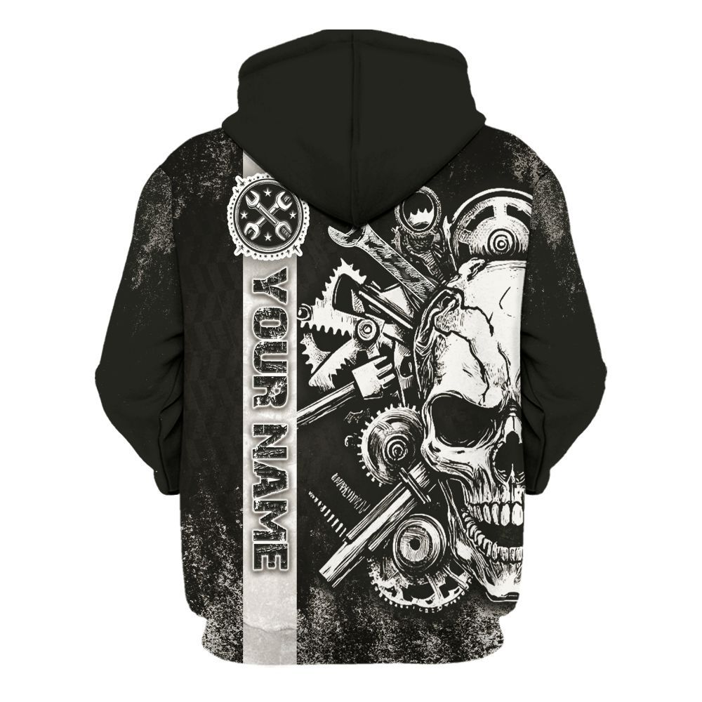 Amare Box Personalized Name Skull Mechanic Tools Unisex Shirts, Custom Gift For Mechanics Unisex Hoodie