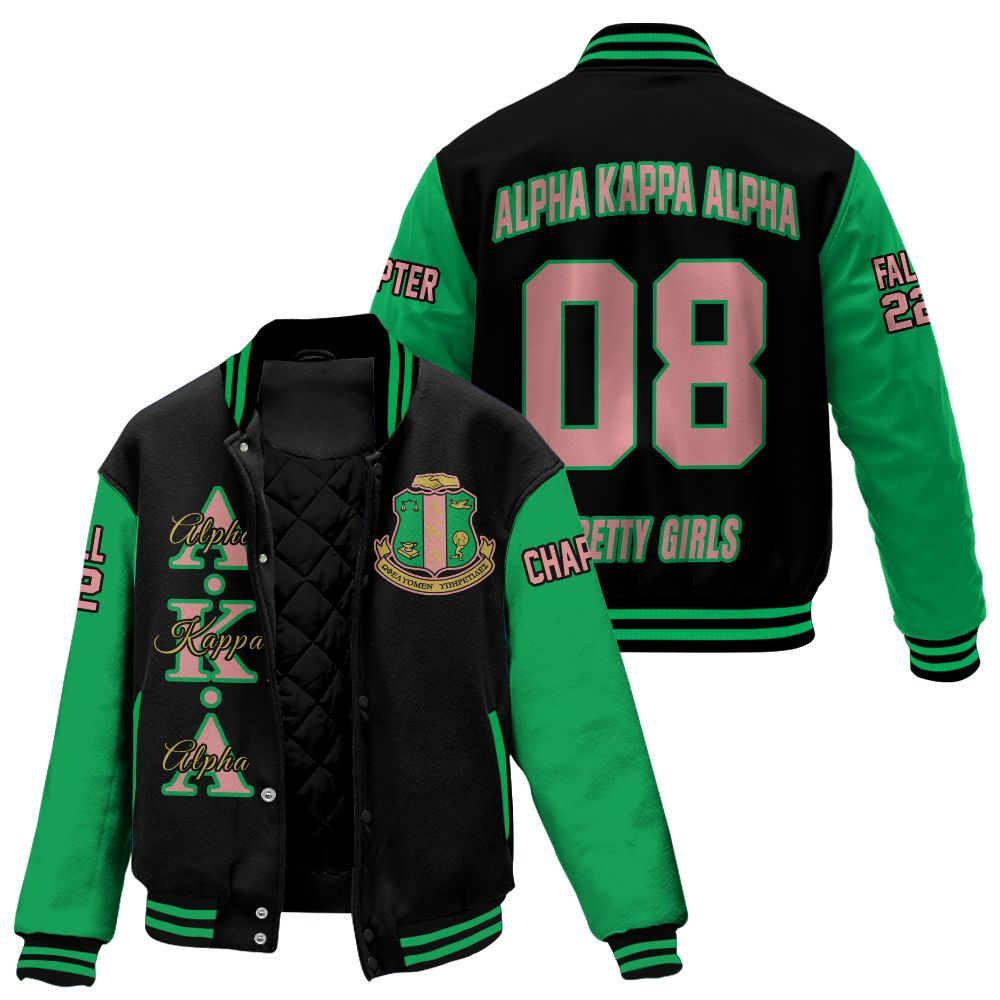 Ireishprint A.K.A Custom Chapter Stitched Jacket, Personalized Black Mix Apple Green 1908 Sorority Embroidered Jacket