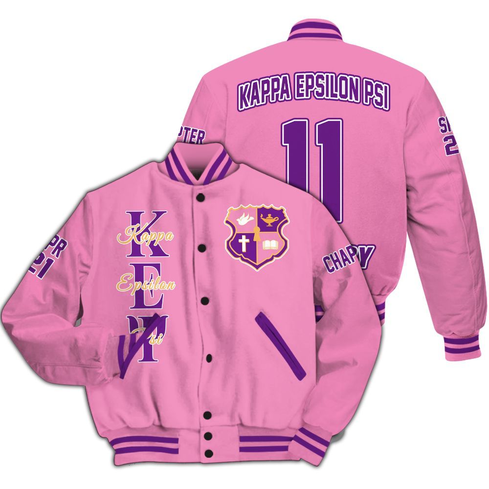 Ireishprint Kappa Epsilon Psi Military Custom Chapter Varsity Jacket, Personalized Rose Pink Kappa Epsilon Psi Military Sorority Jacket