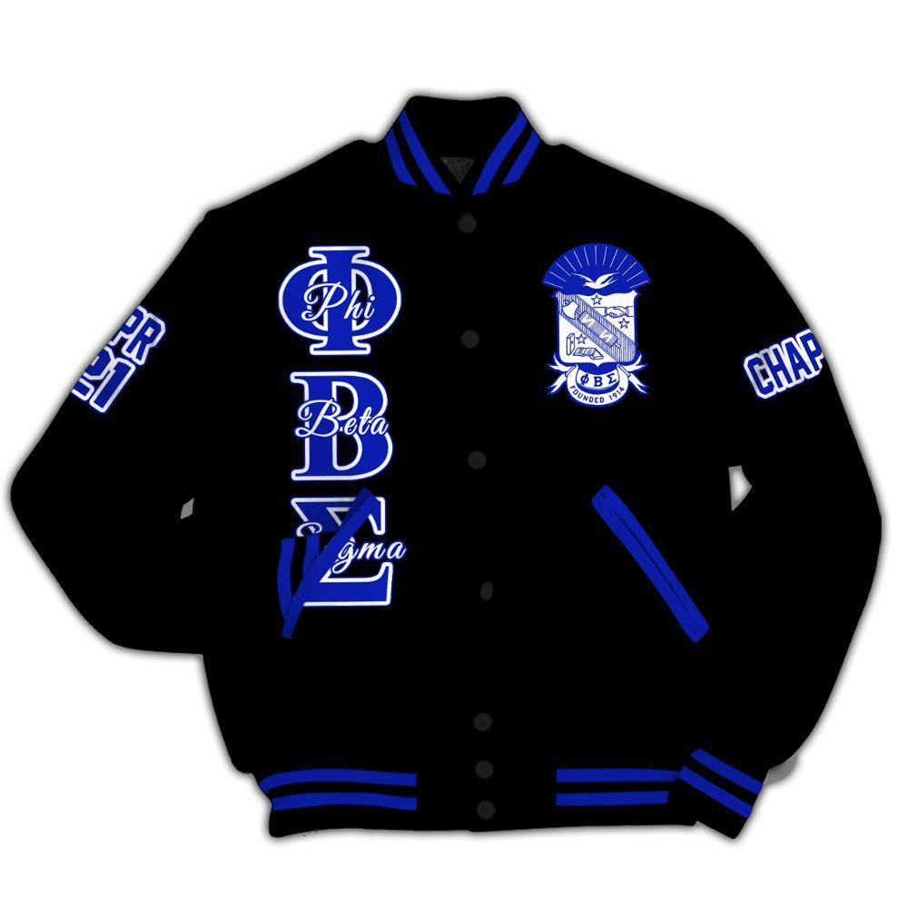 Ireishprint Phi Beta Sigma Custom Chapter Varsity Jacket, Personalized Black Royal Blue Varsity Jacket Phi Beta Sigma Fraternity Jacket