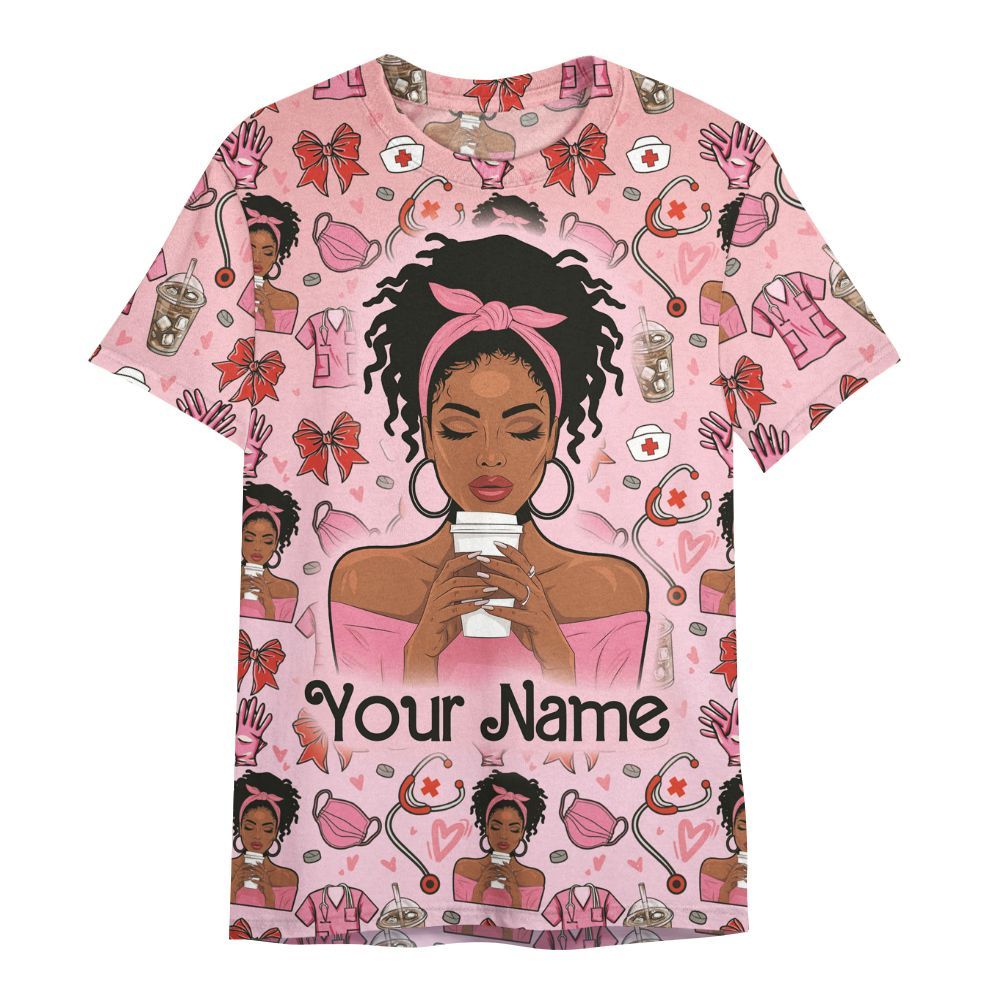 Amare Box Black Nurse Shirt, Coffee Scrubs Rubber Gloves Messy Bun, Custom Name Shirt, Black Nurse Clipart, Valentine Nurse, Gift For Black Nurse All Over Print Unisex Shirt