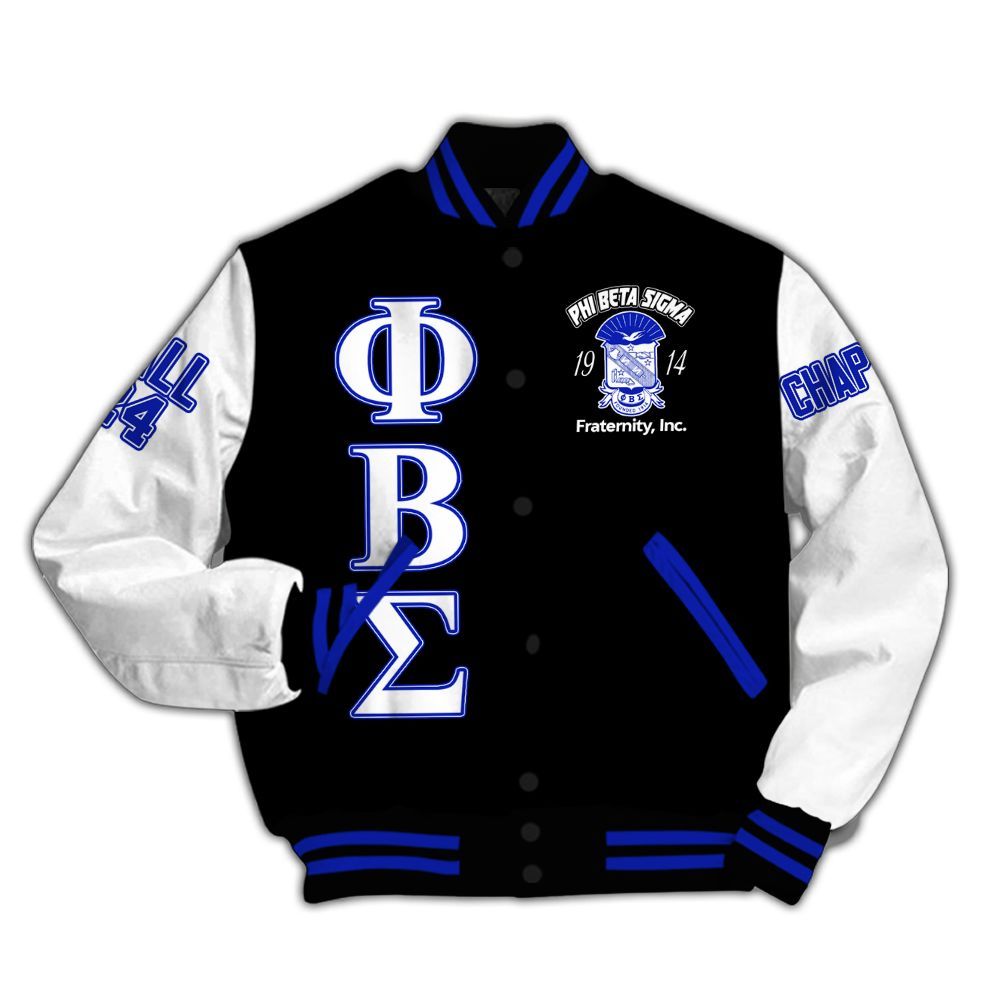 Ireishprint Phi Beta Sigma Custom Chapter Varsity Jacket, Personalized Black Jacket White Sleeve Phi Beta Sigma Fraternity Jacket
