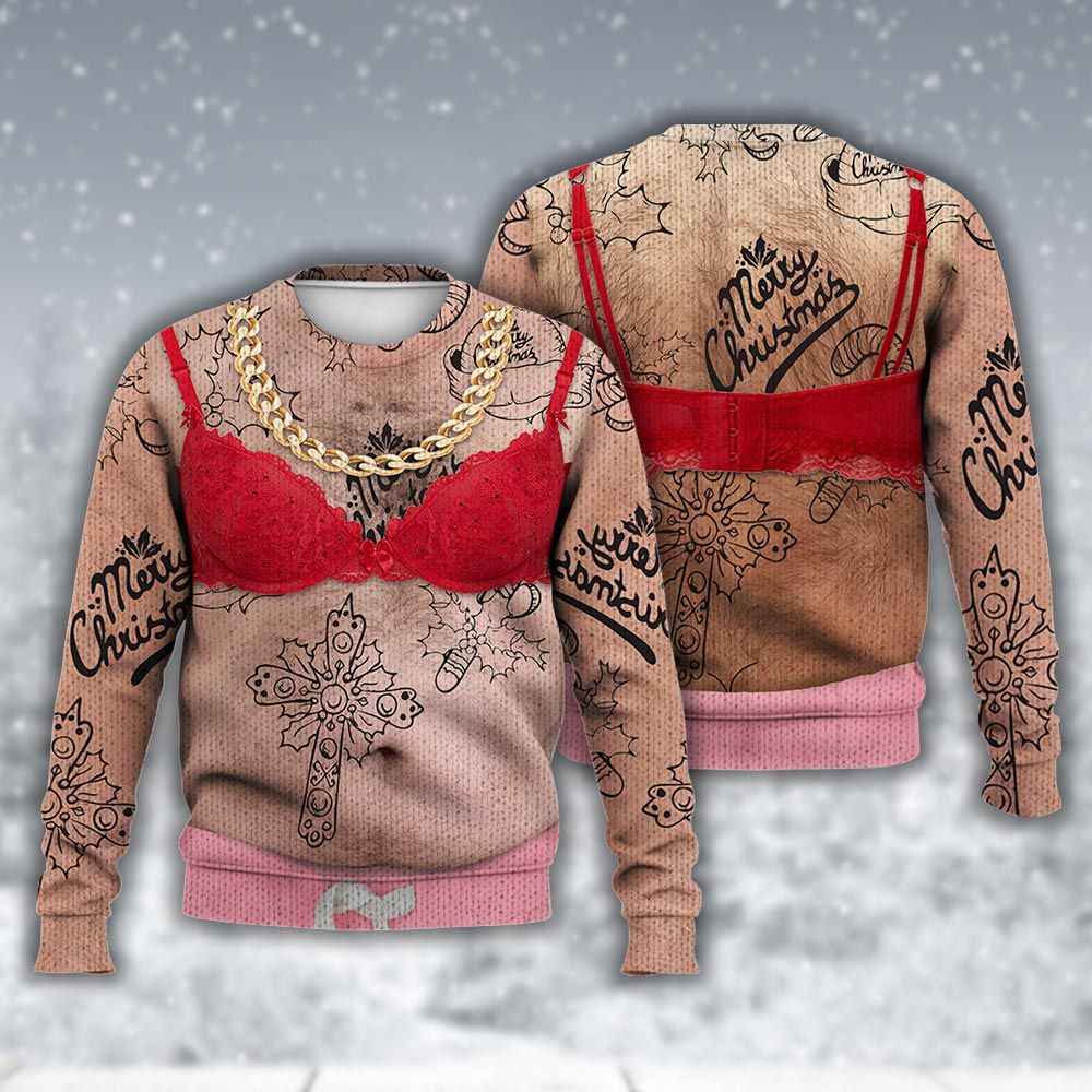 Amare Box Funny Bra Santa Christmas Ugly Sweater, Dad Santa Meme Xmas Gift Hairy Belly