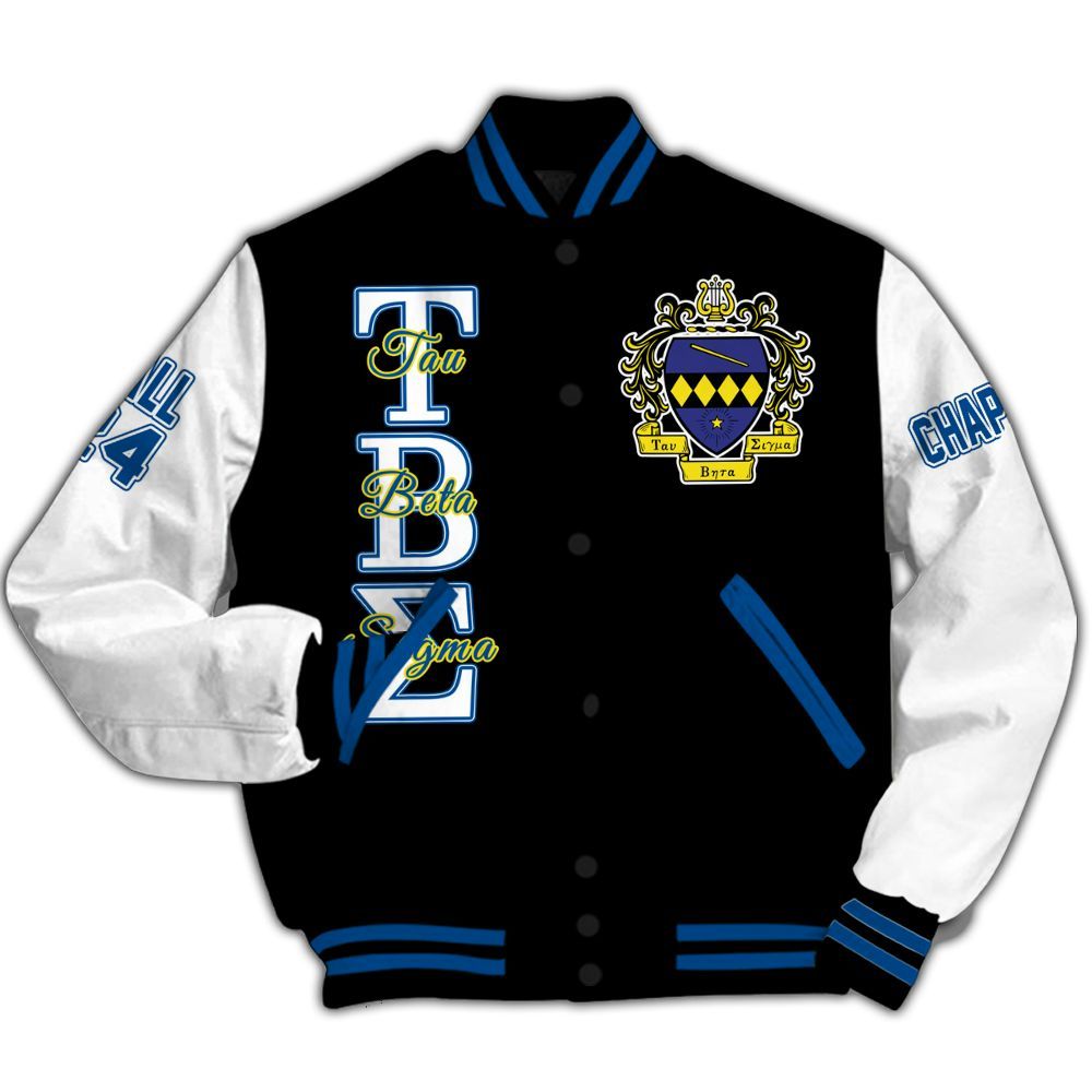 Ireishprint Tau Beta Sigma Custom Chapter Varsity Jacket, Personalized Black Mix White Varsity Jacket Tau Beta Sigma Sorority Jacket