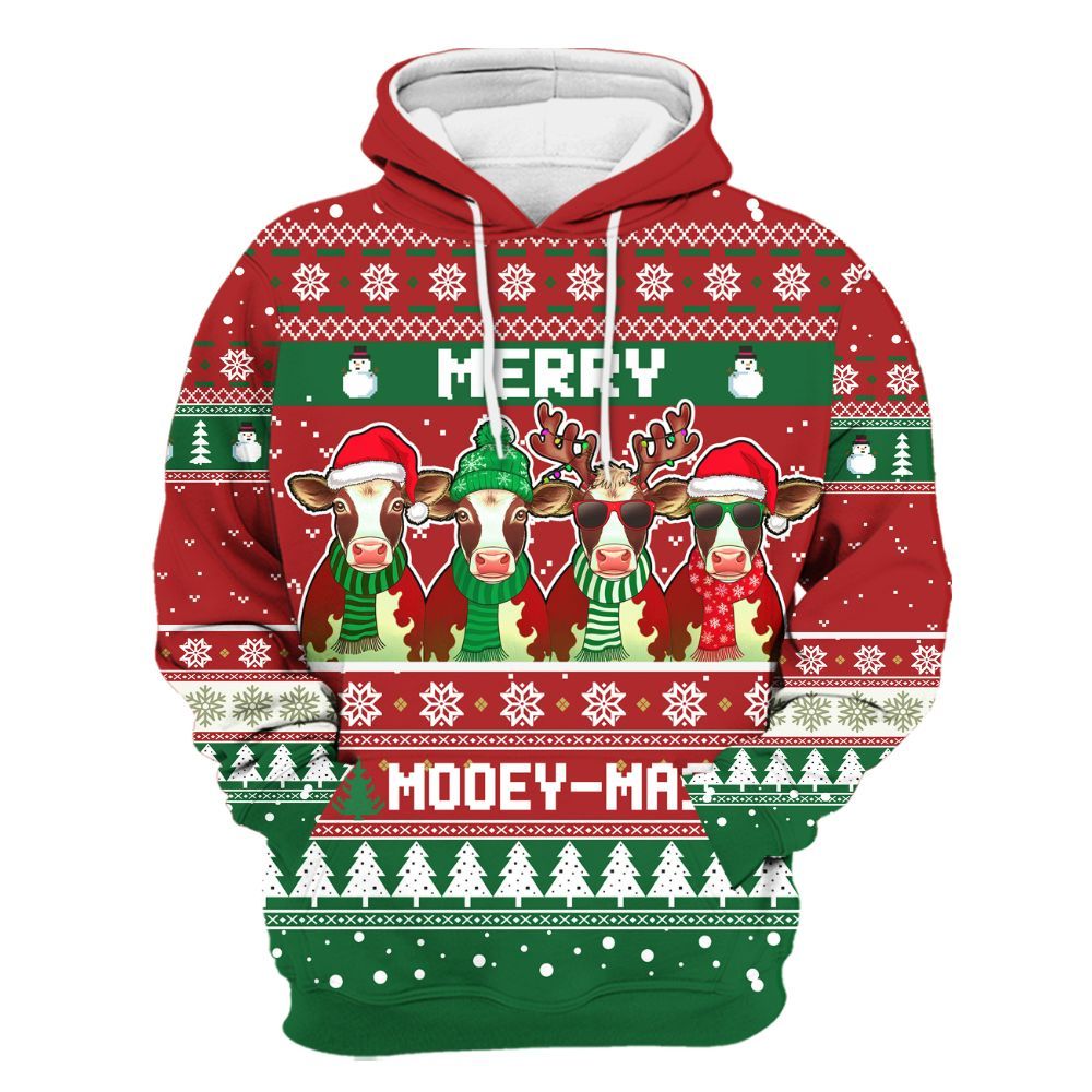 Amare Box Merry Mooey Christmas Shirt, Christmas Farm, Cute Cow Lover, Funny Christmas Unisex Custom Name Gift Shirt Unisex Hoodie