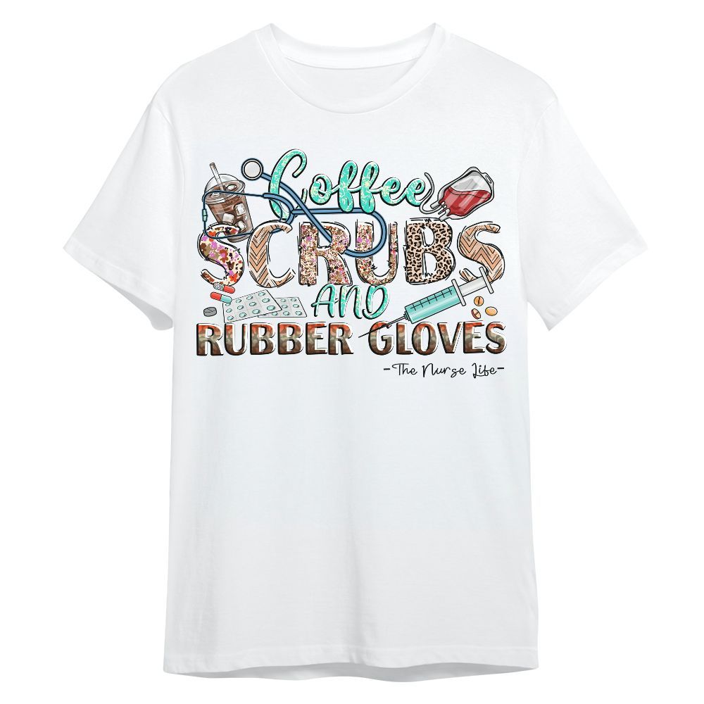 Amare Box Nurse Shirt, Coffee, Scrubs, And Rubber Gloves Leopard Print, Nurse Life, Nurse Coquette, Nurse Stuff Unisex Shirt