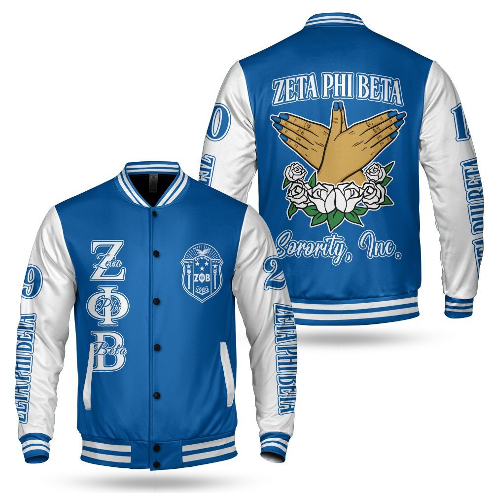 Ireishprint Zeta Phi Beta Varsity Jacket, Hand Sign White Sleeve Royal Blue Varsity Jacket Zeta Phi Beta Sorority Jacket