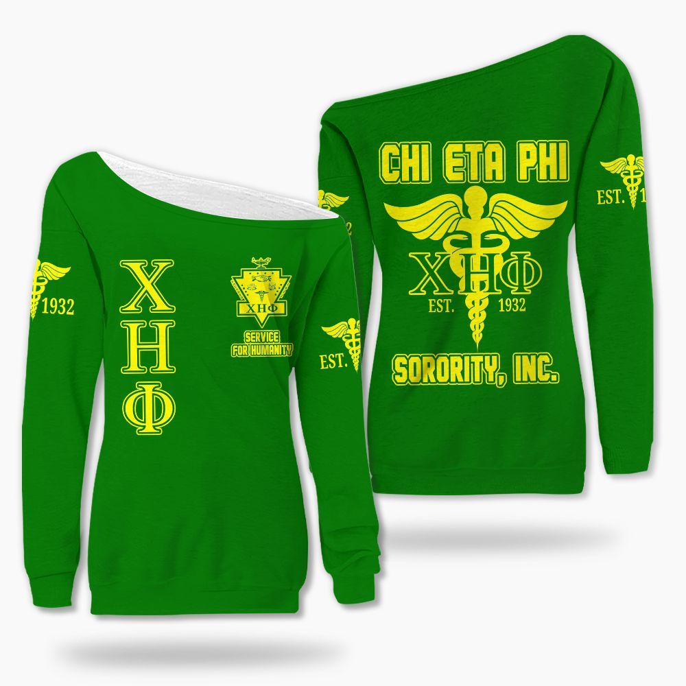 Ireishprint Chi Eta Phi Off Shoulder Sweatshirt, Caduceus Pea Green Off Shoulder Sweatshirt Chi Eta Phi Sorority Off Shoulder Sweatshirt