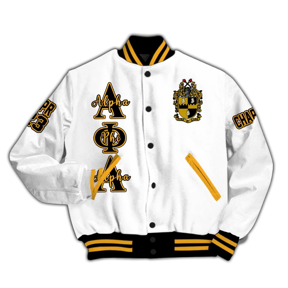 Ireishprint ΑΦΑ Custom Chapter Varsity Jacket, Personalized White Varsity Jacket ΑΦΑ Fraternity Jacket