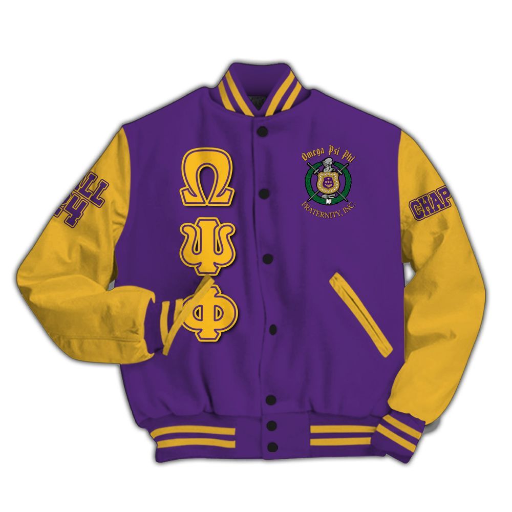Ireishprint ΩΨΦ Custom Chapter Varsity Jacket, Personalized Gold Sleeves Style Jacket ΩΨΦ Fraternity Jacket