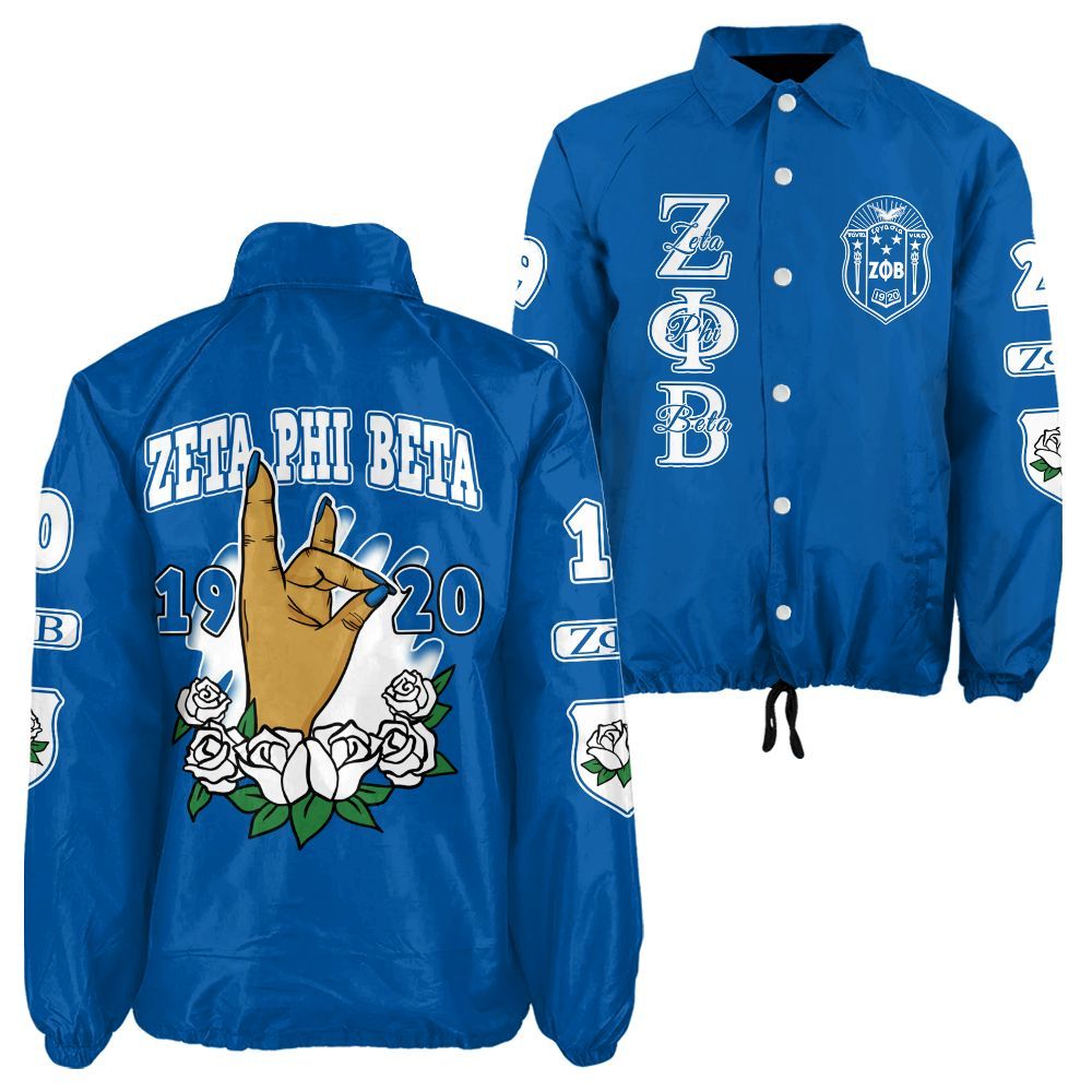 Ireishprint Zeta Phi Beta Crossing Jacket, Hand Sign White Rose Royal Blue Jacket Zeta Phi Beta Sorority Crossing Jacket