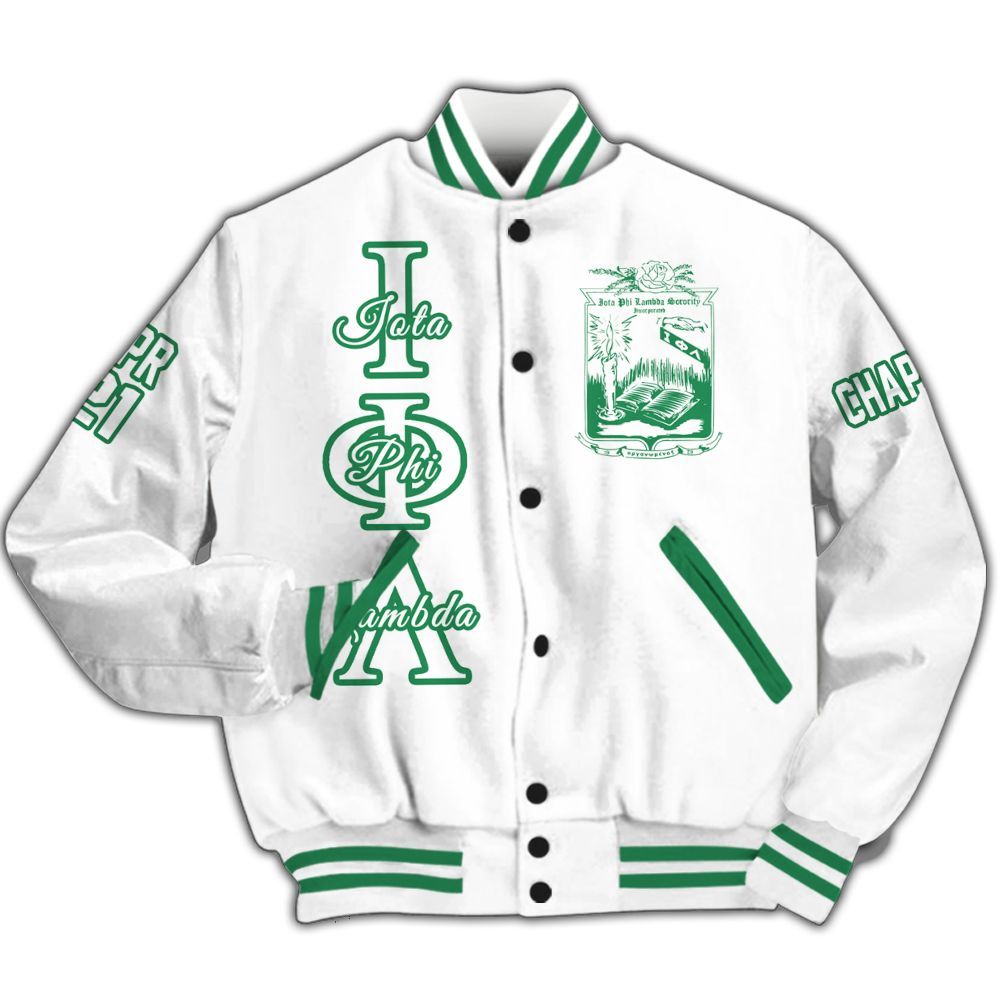 Ireishprint Iota Phi Lambda Custom Chapter Varsity Jacket, Personalized White Emerald Green Varsity Jacket Iota Phi Lambda Sorority Jacket