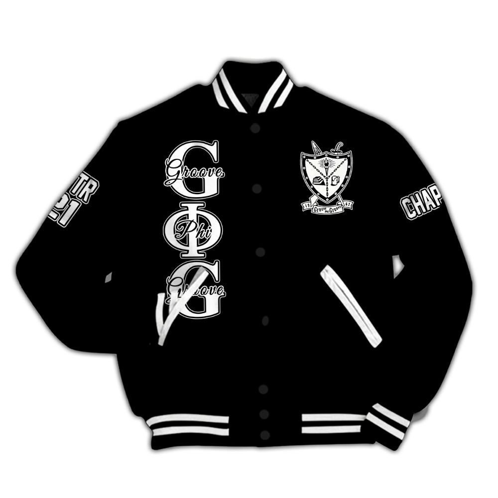 Ireishprint Groove Phi Groove Custom Chapter Varsity Jacket, Personalized Black Varsity Jacket Groove Phi Groove  Jacket