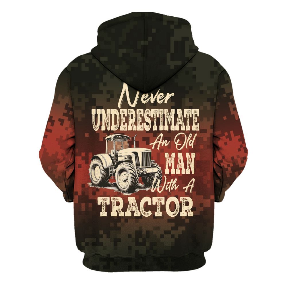 Amare Box Farm Tractor Shirt, Never Underestimate An Old Man, Custom Name, Camouflage Tractor Clipart, Vintage Tractor, Gift For Farm Lover Unisex Hoodie