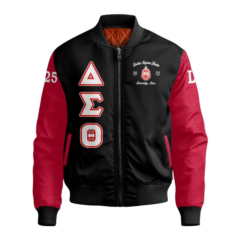 Ireishprint Delta Sigma Theta Custom Chapter Bomber Jacket, Black Deltas Crimson Sleeves 1913 Sorority Bomber Jacket