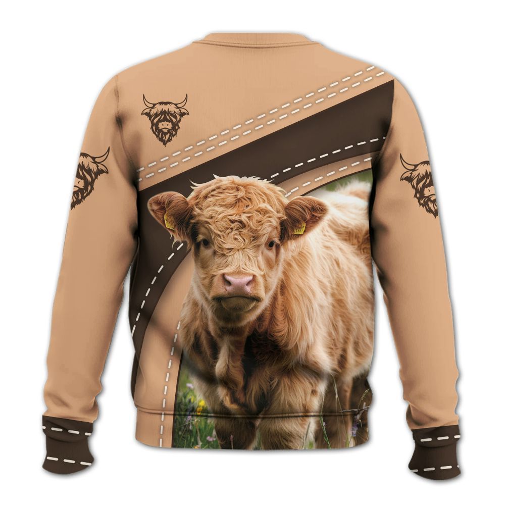 Amare Box Cow Farm Shirt, Cute Highland Calf On Wildflower Meadow, Cute Cow, Highland Cow, Cow Shirt, Farm Shirt Gift For Cow Lover Knitted Sweater