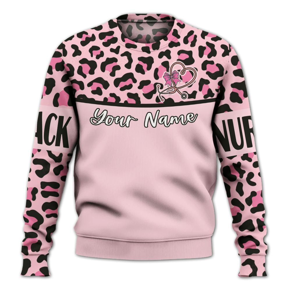 Amare Box Black Nurse Shirt, Sleep All Day Nurse All Night, Custom Name, Black Nurse Leopard Print, Nurse Clipart, Gift For Black Nurse Knitted Sweater