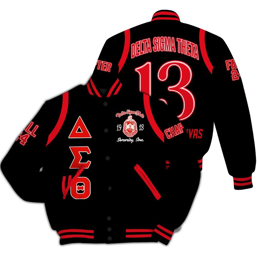 Ireishprint Delta Sigma Theta Custom Chapter Varsity Jacket, Delta Sigma Theta Crimson Shoulder Line Black Jacket 1913 Sorority Jacket