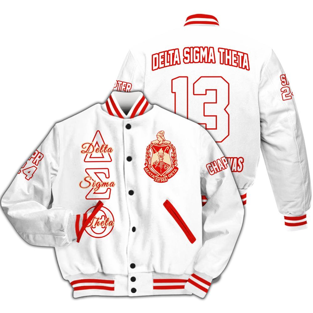 Ireishprint Delta Sigma Theta Custom Chapter Varsity Jacket, Personalized White Varsity Jacket Delta Sigma Theta Sorority Jacket