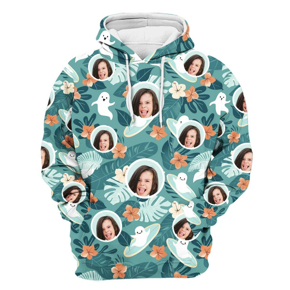 Amare Box Custom Face Photo Halloween Hawaiian Shirt, Personalized Face Halloween Party Floral Ghost Unisex Hoodie