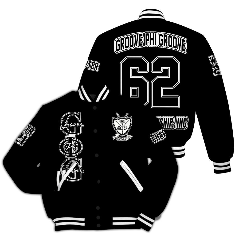 Ireishprint Groove Phi Groove Custom Chapter Varsity Jacket, Personalized White Black Varsity Jacket Groove Phi Groove  Jacket