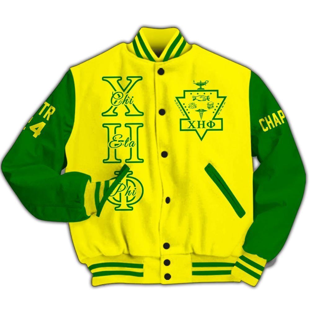 Ireishprint Chi Eta Phi Custom Chapter Varsity Jacket, Personalized Lemon Yellow Mix Pea Green Varsity Jacket Chi Eta Phi Sorority Jacket