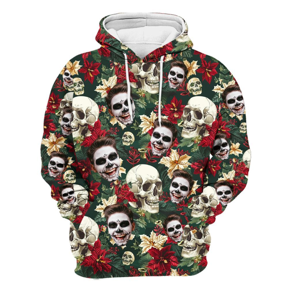 Amare Box Custom Face Photo Halloween Hawaiian Shirt, Personalized Face Halloween Party Floral Skull Unisex Hoodie