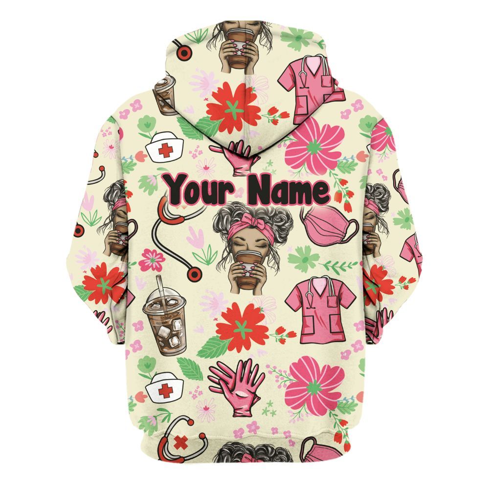 Amare Box Nurse Shirt, Coffee, Scrubs, Rubber Gloves, Messy Bun, Custom Name Shirt, Floral Nurse, Nurse Clipart, Gift For Nurse Unisex Hoodie
