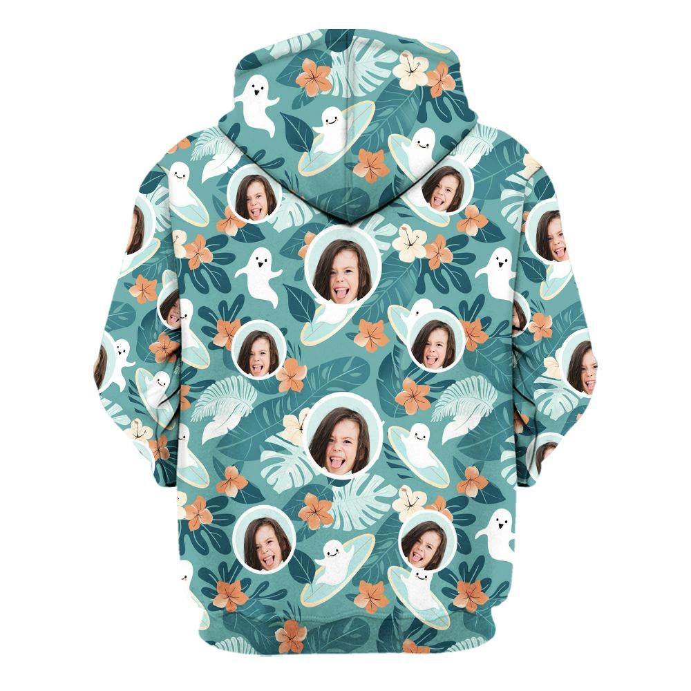 Amare Box Custom Face Photo Halloween Hawaiian Shirt, Personalized Face Halloween Party Floral Ghost Unisex Hoodie
