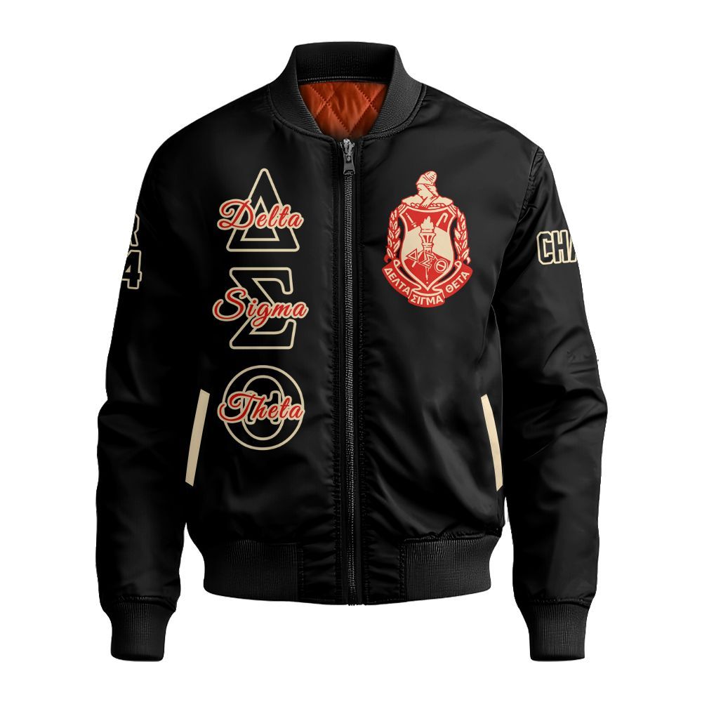 Ireishprint Delta Sigma Theta Custom Chapter Bomber Jacket, Personalized Black Cream Bomber Jacket Delta Sigma Theta Sorority Bomber Jacket