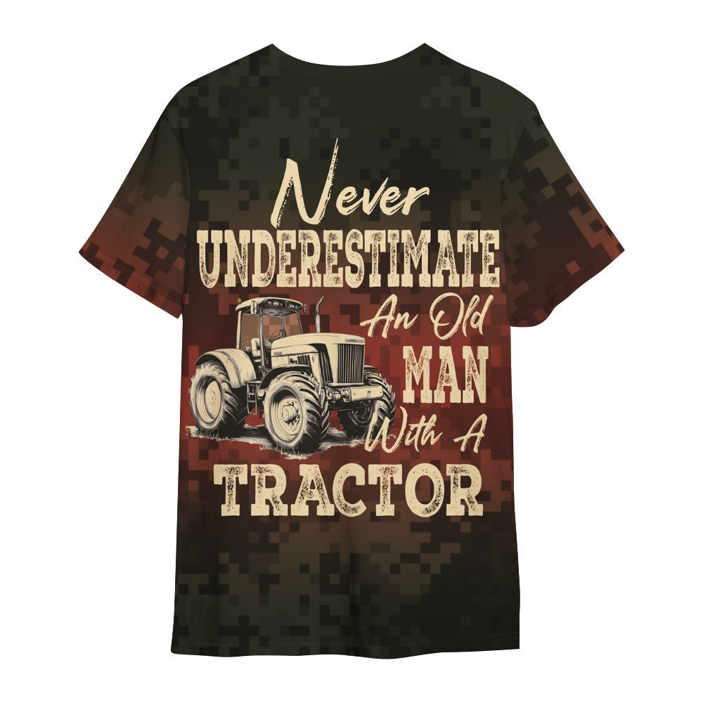Amare Box Farm Tractor Shirt, Never Underestimate An Old Man, Custom Name, Camouflage Tractor Clipart, Vintage Tractor, Gift For Farm Lover All Over Print Unisex Shirt