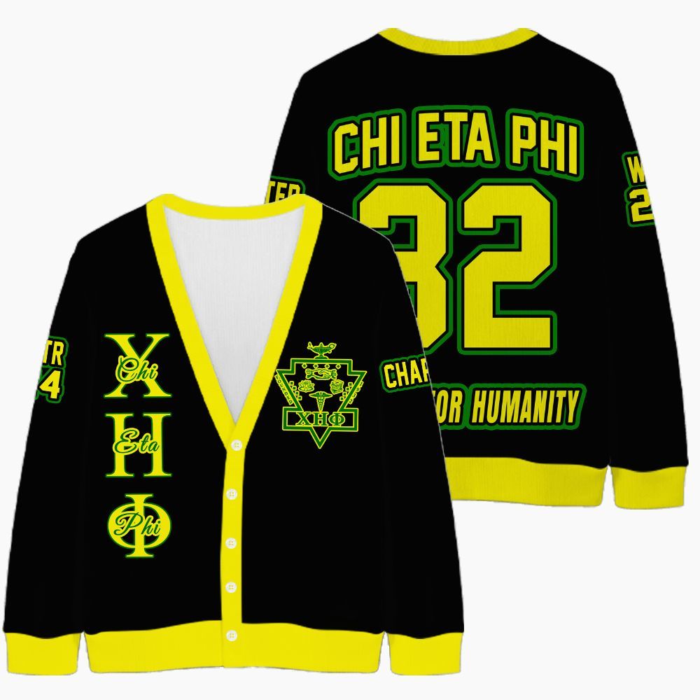 Ireishprint Chi Eta Phi Custom Chapter Cardigan, Personalized Black Lemon Yellow Cardigan Chi Eta Phi Sorority Knitted Cardigan