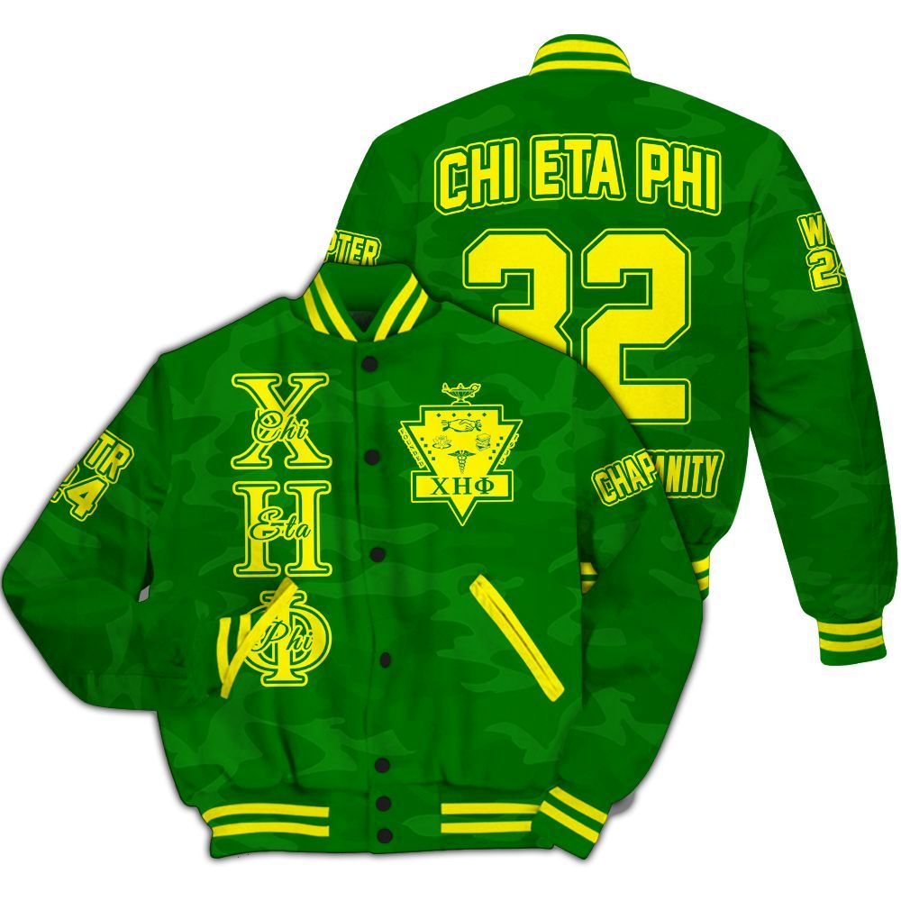 Ireishprint Chi Eta Phi Custom Chapter Varsity Jacket, Personalized Camo Style Pea Green Jacket Chi Eta Phi Sorority Jacket