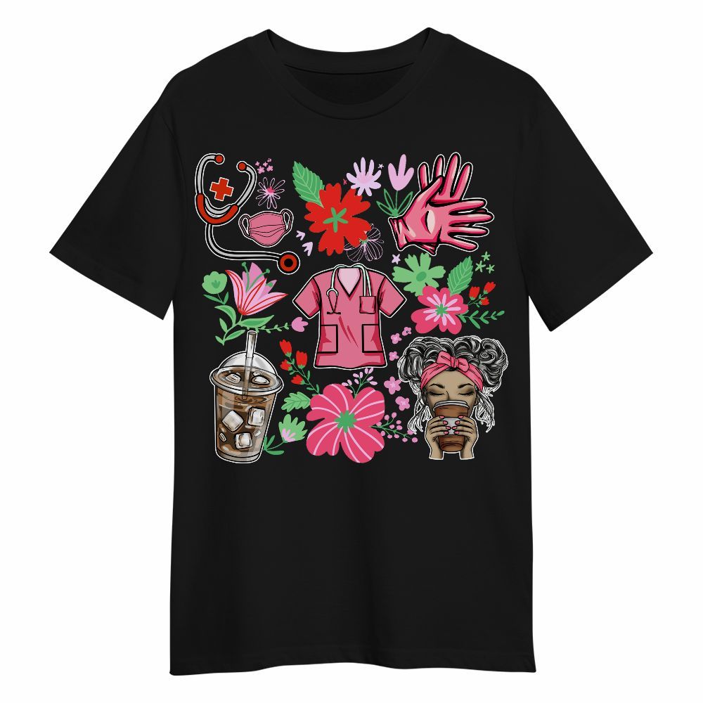 Amare Box Nurse Shirt, Coffee, Scrubs, Rubber Gloves, Messy Bun, Floral Nurse, Nurse Clipart, Gift For Nurse Unisex Shirt