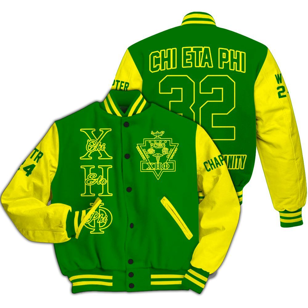 Ireishprint Chi Eta Phi Custom Chapter Varsity Jacket, Personalized Pea Green Mix Lemon Yellow Varsity Jacket Chi Eta Phi Sorority Jacket