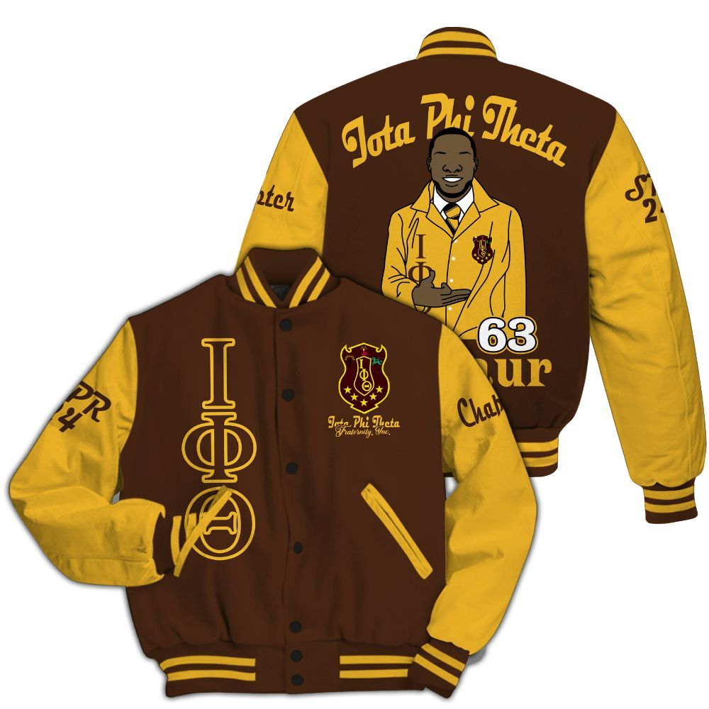 Ireishprint Iota Phi Theta Custom Chapter Varsity Jacket, Personalized Charcoal Brown Jacket Iota Phi Theta 1963 Fraternity Jacket