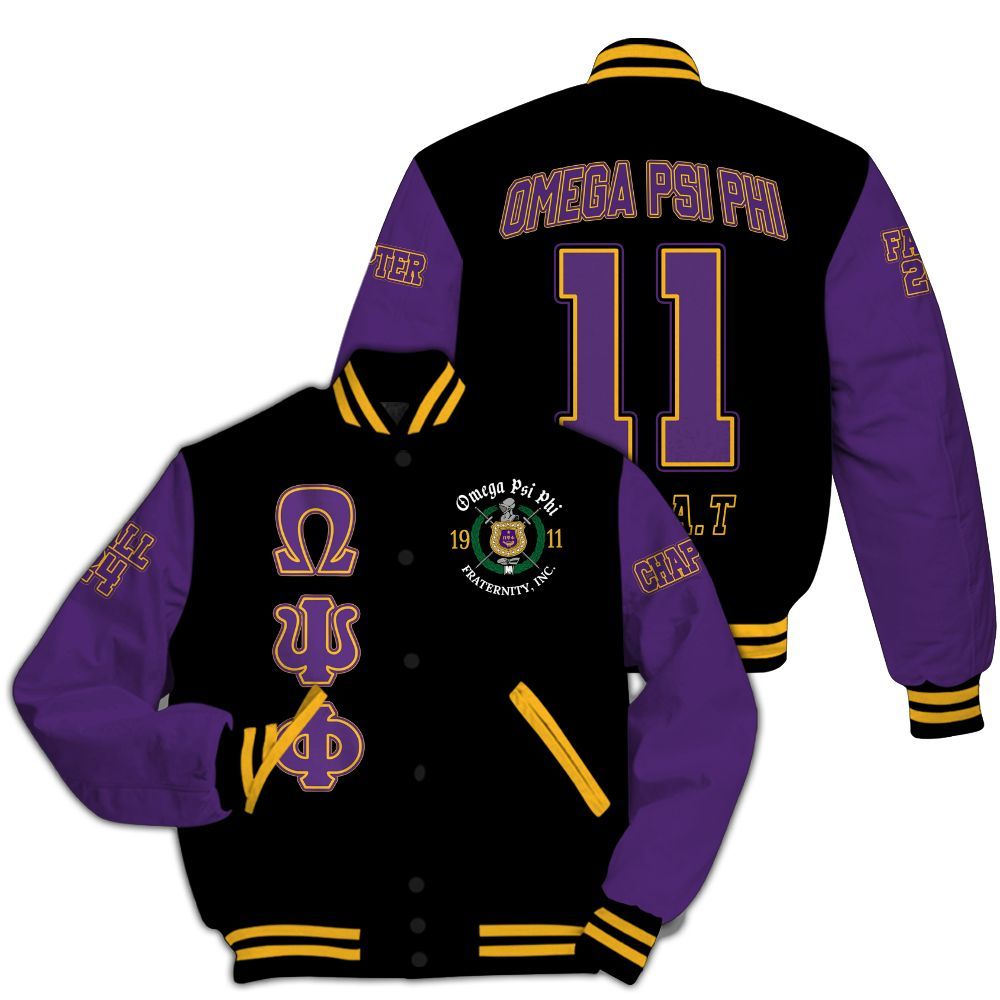 Ireishprint ΩΨΦ Custom Chapter Varsity Jacket, Personalized Black Mix Gold ΩΨΦ Fraternity Jacket