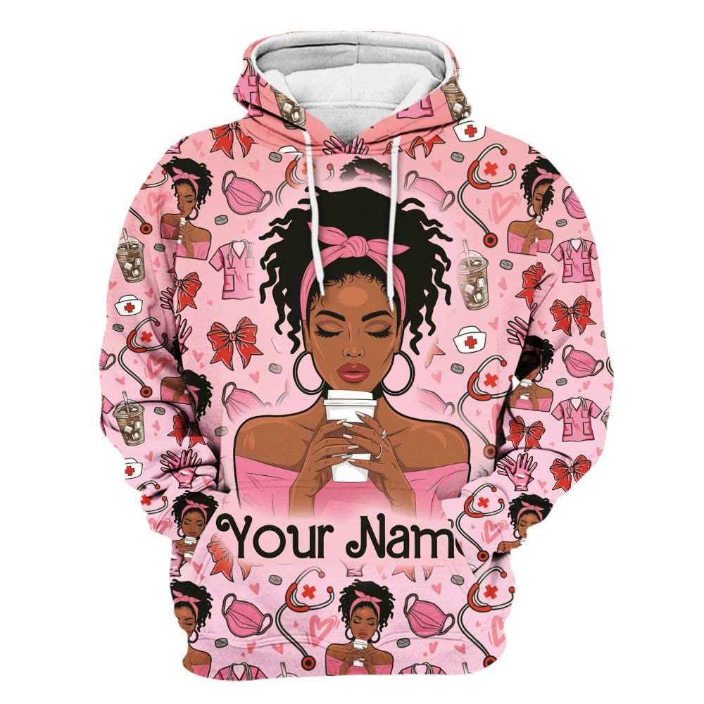 Amare Box Black Nurse Shirt, Coffee Scrubs Rubber Gloves Messy Bun, Custom Name Shirt, Black Nurse Clipart, Valentine Nurse, Gift For Black Nurse Unisex Hoodie