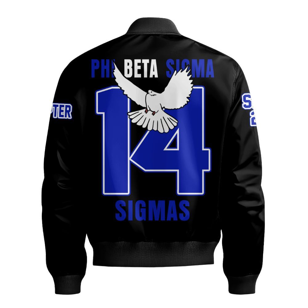 Ireishprint Phi Beta Sigma Custom Chapter Bomber Jacket, Personalized Dove Black Royal Blue Bomber Jacket Phi Beta Sigma Fraternity Bomber Jacket