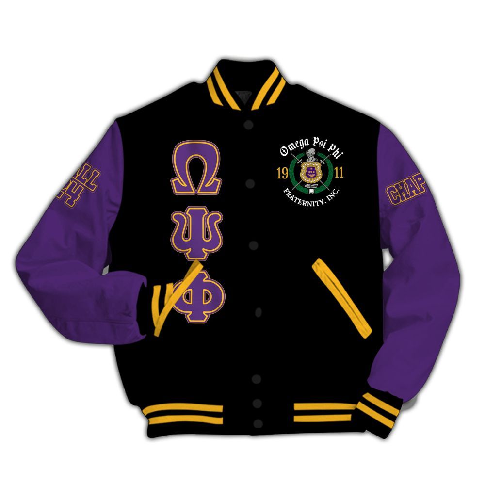 Ireishprint ΩΨΦ Custom Chapter Varsity Jacket, Personalized Black Mix Gold ΩΨΦ Fraternity Jacket
