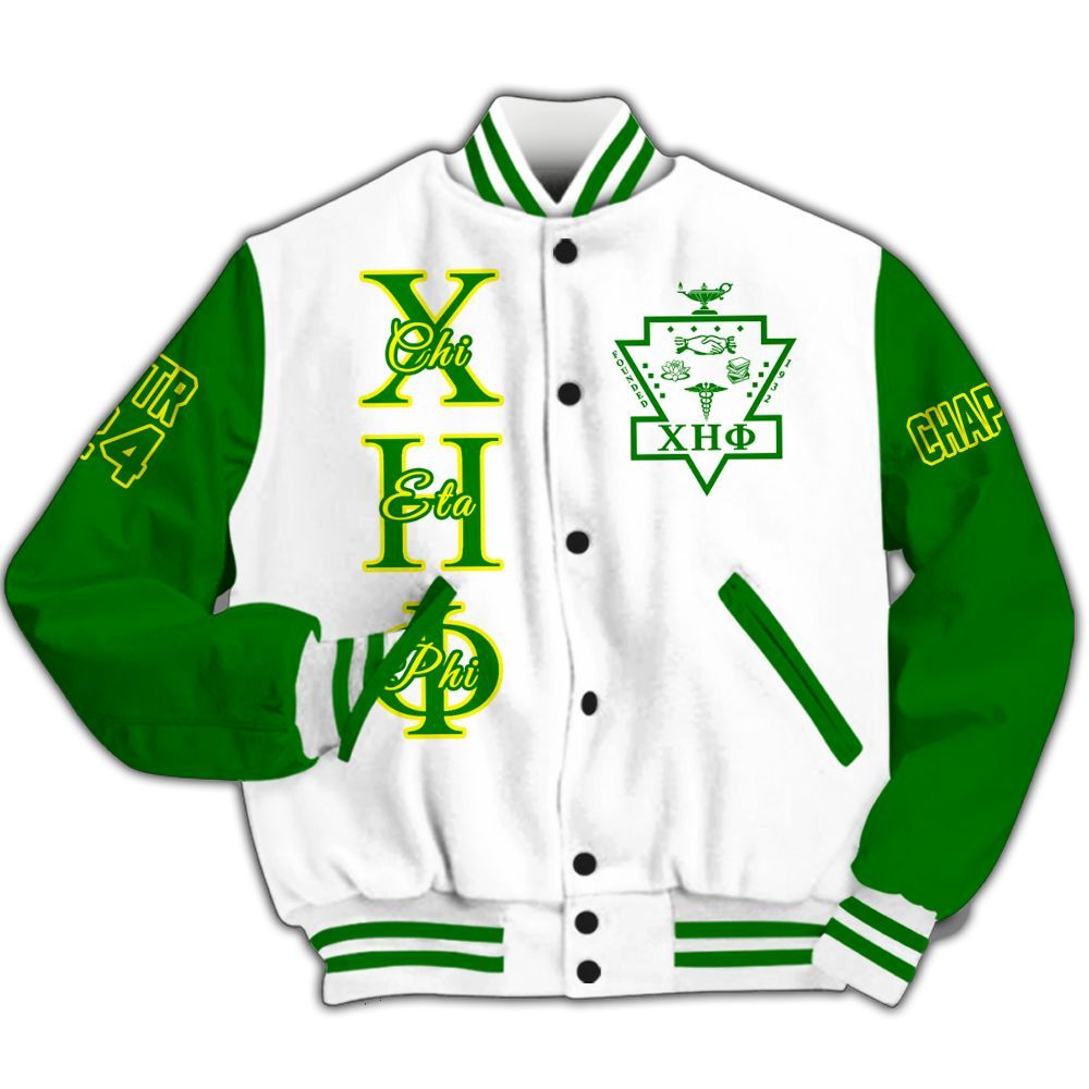 Ireishprint Chi Eta Phi Custom Chapter Varsity Jacket, Personalized White Mix Pea Green Varsity Jacket Chi Eta Phi Since 1932 Sorority Jacket