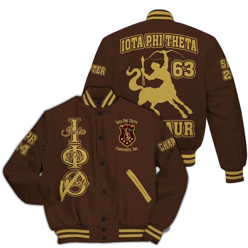 Ireishprint Iota Phi Theta Custom Chapter Varsity Jacket, Personalized Centaur Charcoal Brown Varsity Jacket Iota Phi Theta Fraternity Jacket