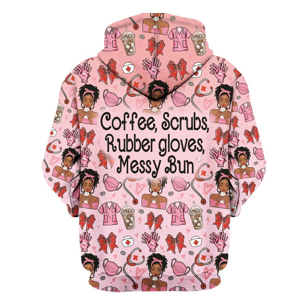 Amare Box Black Nurse Shirt, Coffee Scrubs Rubber Gloves Messy Bun, Custom Name Shirt, Black Nurse Clipart, Valentine Nurse, Gift For Black Nurse Unisex Hoodie