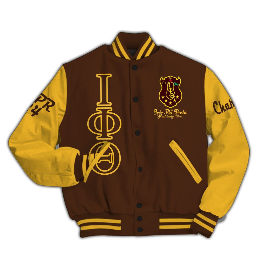 Ireishprint Iota Phi Theta Custom Chapter Varsity Jacket, Personalized Charcoal Brown Jacket Iota Phi Theta 1963 Fraternity Jacket