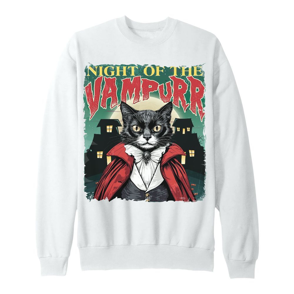 Amare Box Funny Cat Dracula Halloween Shirt, Retro Night Of The Vampurr Funny Cat Halloween Unisex Sweatshirt