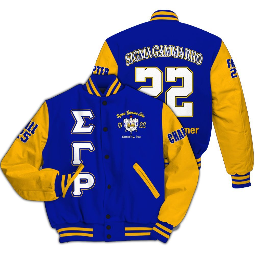 Ireishprint Sigma Gamma Rho Custom Chapter Varsity Jacket, RHoyal Blue Mix Gold Style 1922 Sorority Jacket