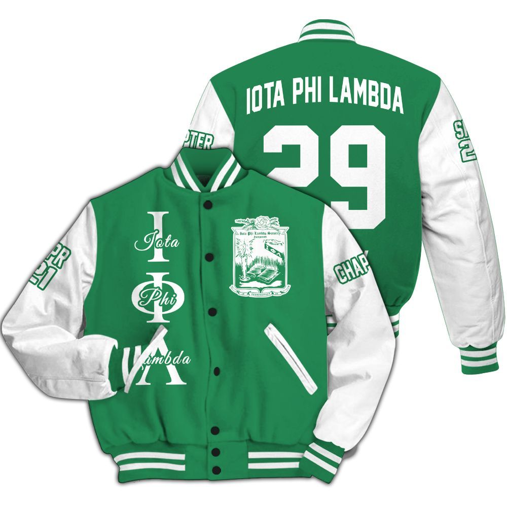 Ireishprint Iota Phi Lambda Custom Chapter Varsity Jacket, Personalized Emerald Green Mix White Iota Phi Lambda Since 1929 Sorority Jacket