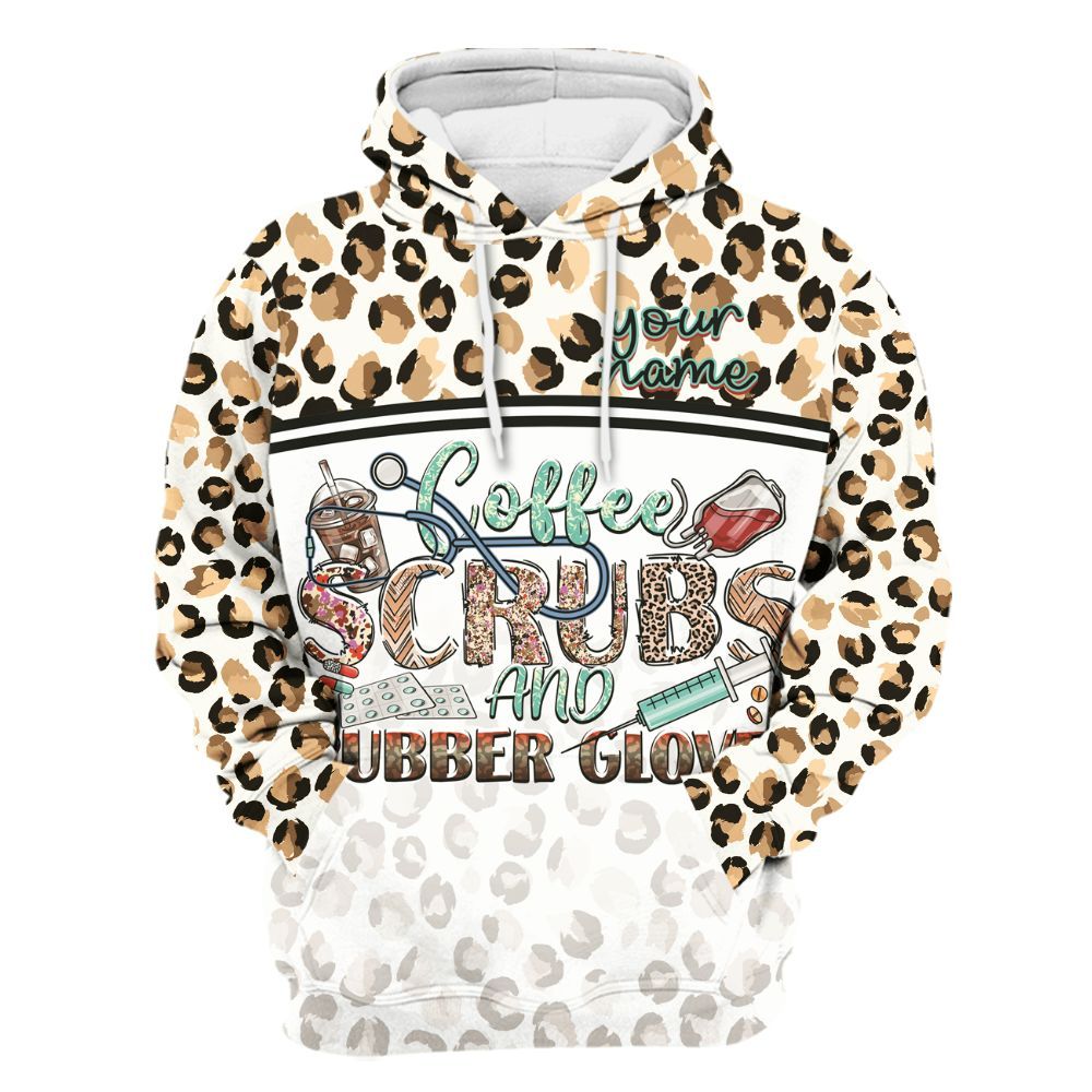Amare Box Nurse Shirt, Coffee, Scrubs, And Rubber Gloves Leopard Print Custom Name Shirt, Nurse Life, Nurse Coquette, Nurse Stuff Unisex Hoodie
